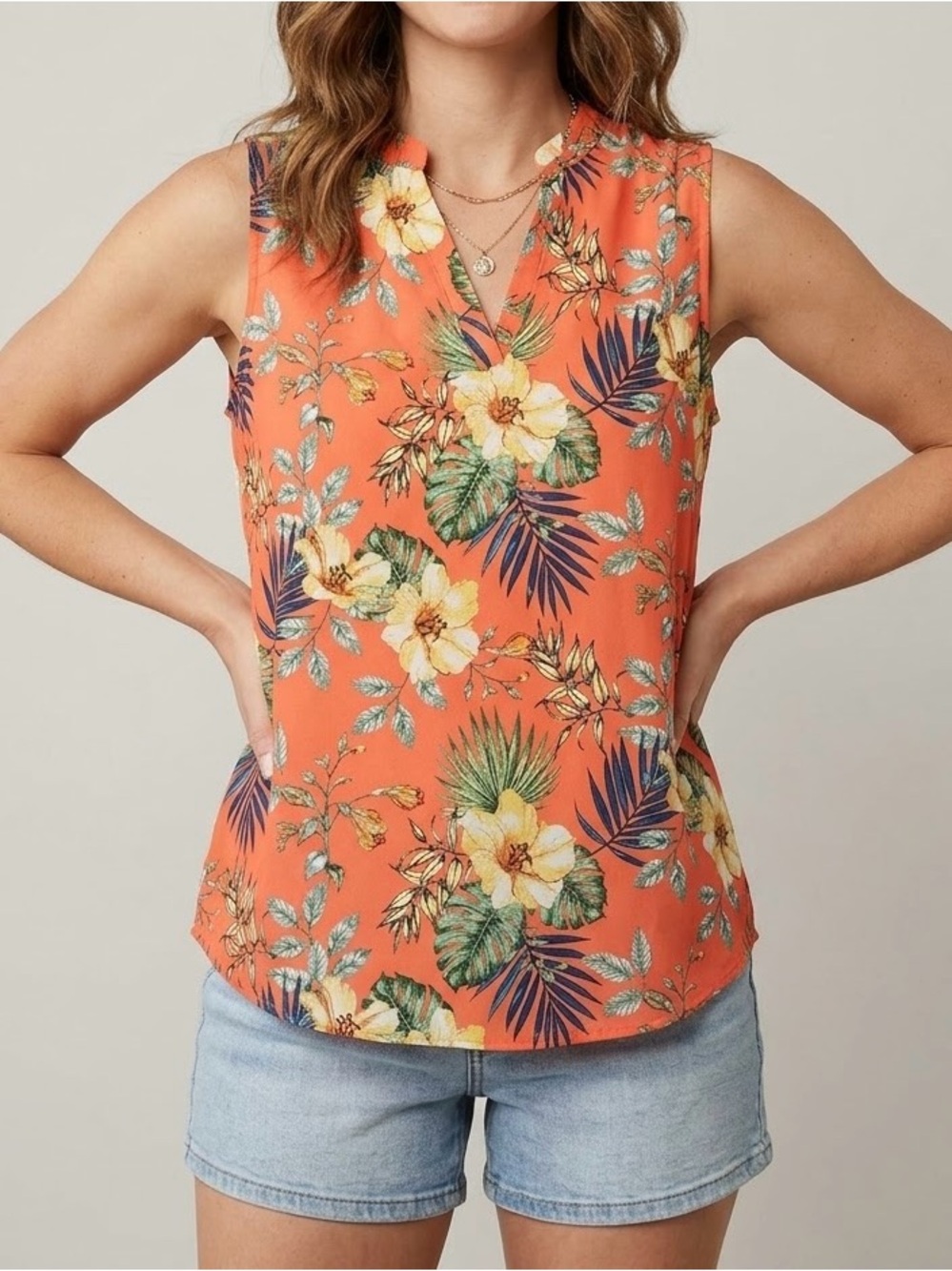Cure Women’s Large Coral Orange Tropical Floral Palm Split Neck Sleeveless Tank